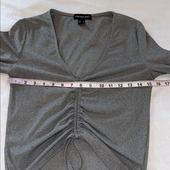 Streetwear Society Cropped Sweater Grey V-neck Ruched Drawstring Long Sleeve Top - Picture 6 of 10